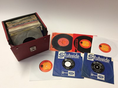 Lot 1041 - Carrying case of approximately 60 single records including eight original Philips white label juke box records, Bobby Lewis, Johnny Thunder, The Spotnicks, The Honeycombs, Miss X, The Chiffons and...