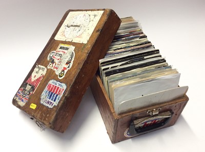 Lot 1046 - Lidded wooden box containing approximately 130 single records including Bowie, Bitch, Sweet, Roxy, Elton, Bay City Rollers, Expose, Queen and E.L.O