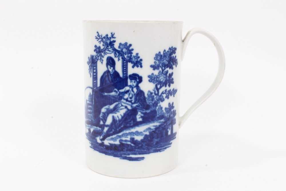 Lot 1 - Worcester cylindrical mug, c.1770, printed in blue with 'La Peche'