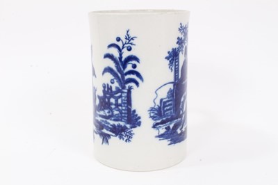 Lot 1 - Worcester cylindrical mug, c.1770, printed in blue with 'La Peche'