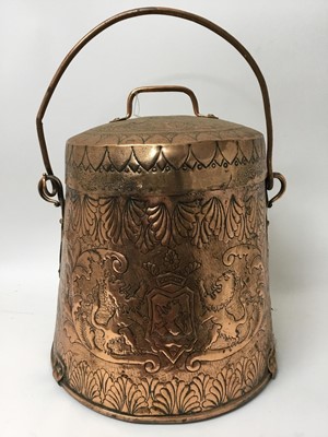 Lot 389 - Large 19th century Dutch embossed copper coal bucket and. cover