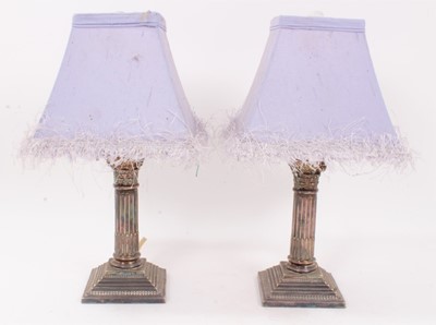 Lot 395 - Pair of Edwardian electroplated dwarf Corinthian column candlesticks  presented as table lamps