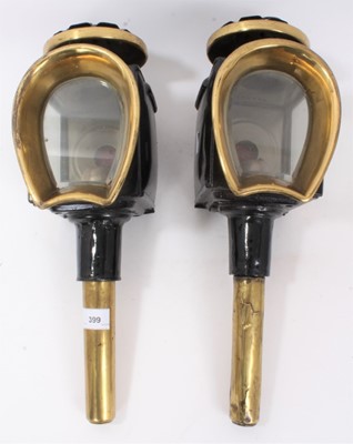 Lot 399 - Pair of Victorian brass carriage lamps