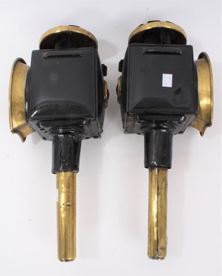 Lot 399 - Pair of Victorian brass carriage lamps