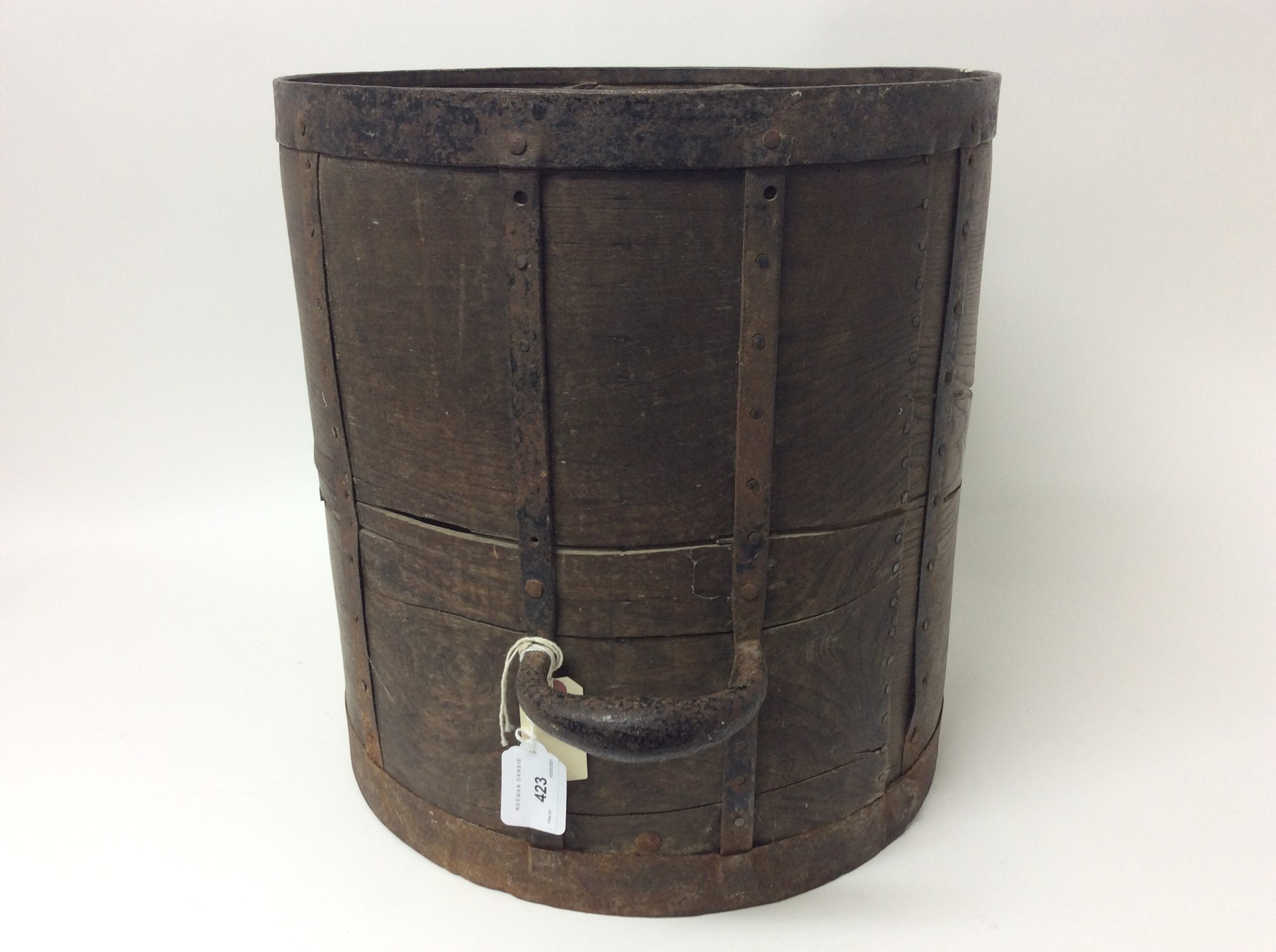 Lot 423 - Antique metal bound bentwood bushel measure