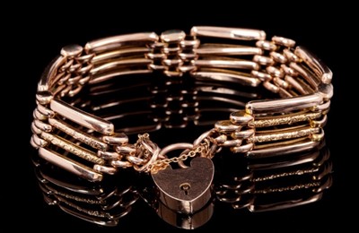 Lot 238 - Edwardian 9ct rose gold gate bracelet with padlock clasp