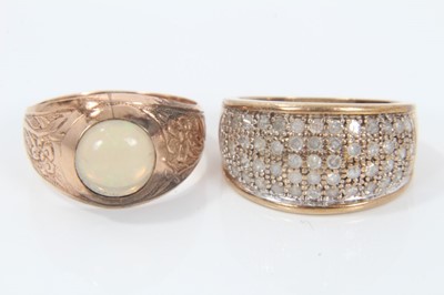 Lot 352 - 9ct gold and diamond ring with a wide domed band of pavé set diamonds, together with an opal single stone ring with rose gold setting and carved floral shoulders