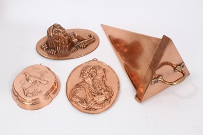 Lot 413 - 19th century copper ice cream mould, together with three relief jelly moulds