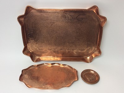 Lot 416 - Newlyn style tooled copper tray and two others