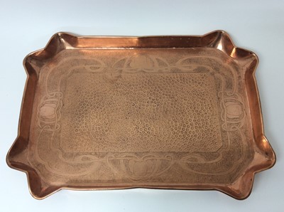 Lot 416 - Newlyn style tooled copper tray and two others