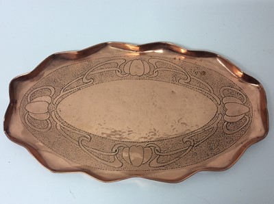 Lot 416 - Newlyn style tooled copper tray and two others