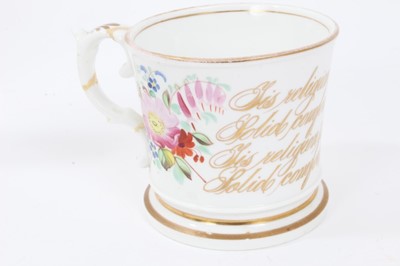Lot 28 - Staffordshire flower painted jug, dated 1853, and two similar mugs