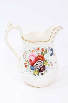 Lot 157 - Staffordshire flower painted jug, dated 1853, and two similar mugs