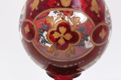 Lot 47 - Bohemian glass hookah base, decorated with gilt foliate patterns on a red ground, 29.5cm height