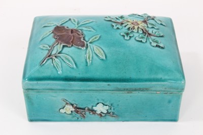 Lot 49 - Unusual Chinese turquoise glazed porcelain box, with relief moulded floral decoration, in the style of Wang Bingrong, 11.5cm x 8.5cm x 6cm
