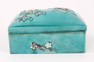 Lot 49 - Unusual Chinese turquoise glazed porcelain box, with relief moulded floral decoration, in the style of Wang Bingrong, 11.5cm x 8.5cm x 6cm