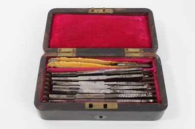 Lot 426 - 19th century 7-day razor set by James Johnson, each razor named from Monday to Friday, in a coromandel case pink velvet interior, the case measuring 13cm across