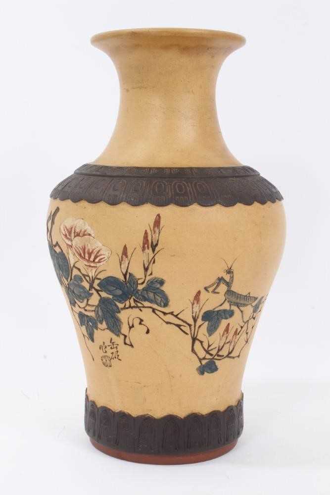 Lot 59 - Chinese Republic period Yixing pottery vase, decorated with a praying mantis in a blossoming tree, with calligraphy beneath and a mark in the footrim, 26cm height