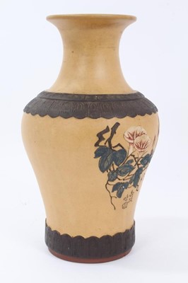 Lot 59 - Chinese Republic period Yixing pottery vase, decorated with a praying mantis in a blossoming tree, with calligraphy beneath and a mark in the footrim, 26cm height