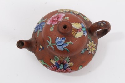 Lot 65 - Miniature Chinese Yixing teapot, enamelled with flowers, 5cm height x 7.5cm length