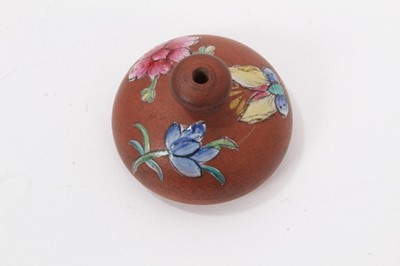 Lot 65 - Miniature Chinese Yixing teapot, enamelled with flowers, 5cm height x 7.5cm length