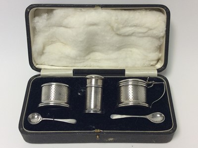 Lot 153 - George V silver three piece cruet set of drum form with engine with removable blue glass liners and matching spoons, (Birmingham 1928), maker Docker & Burn Ltd, pepperette 5.2cm in height, all at a...