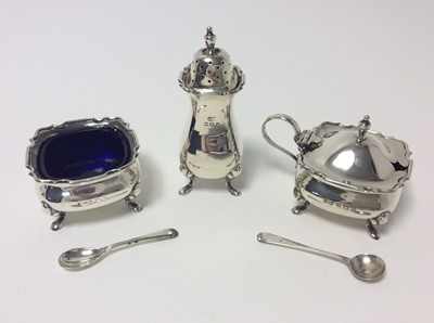 Lot 154 - George V Silver three piece cruet set of cauldron form on pad feet, the salt and mustard with removable blue glass liners, (Birmingham 1925) maker William Suckling Ltd, together with associated sil...