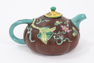 Lot 68 - Chinese Yixing teapot, of pumpkin form, decorated in relief and in enamels with foliate patterns and an insect, 10cm height x 18cm length
