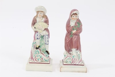Lot 70 - Two rare Staffordshire pearlware figures of 'Summer' and 'Winter', c.1790, both shown seated on tree stumps with scrollwork decoration in the style of Neale, over red-lined square bases, impressed...