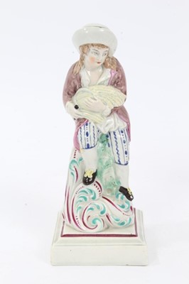 Lot 70 - Two rare Staffordshire pearlware figures of 'Summer' and 'Winter', c.1790, both shown seated on tree stumps with scrollwork decoration in the style of Neale, over red-lined square bases, impressed...