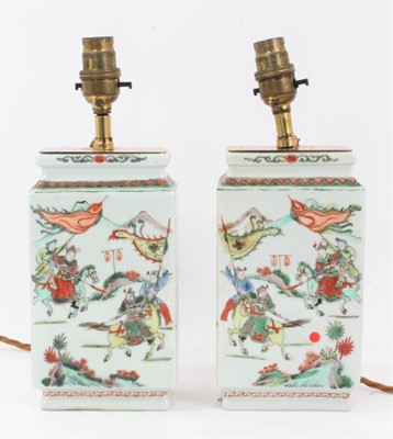 Lot 72 - Fine pair of Chinese famille verte vases, of rectangular form, decorated with figural scenes, including warriors on horseback, Kangxi iron-red artemisia marks to bases and possibly of the period, 2...