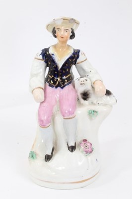 Lot 76 - Collection of eight Staffordshire figures, some Victorian and some later, including a pair of cricketers, The Falconer, etc, between 15cm and 21cm height