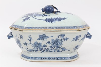 Lot 81 - 18th century Chinese blue and white export tureen, decorated with flowers and butterflies and rabbit-head handles, 34cm across x 22cm height