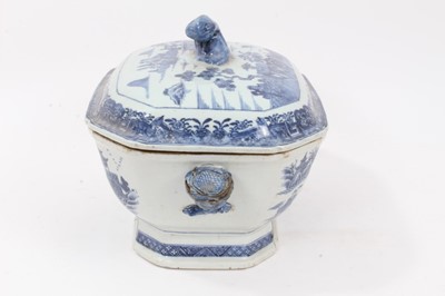 Lot 126 - 18th century Chinese blue and white export tureen, decorated with landscape scenes, 36cm across x 22cm height