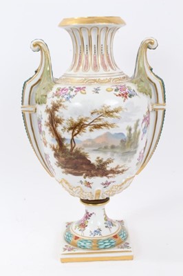 Lot 84 - Large Dresden twin-handled porcelain vase, decorated one side with a figural scene, and on the other with a landscape, with floral sprays and other pattern, underglaze blue mark to base, 41cm heigh...