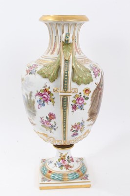 Lot 84 - Large Dresden twin-handled porcelain vase, decorated one side with a figural scene, and on the other with a landscape, with floral sprays and other pattern, underglaze blue mark to base, 41cm heigh...
