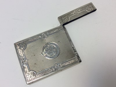 Lot 171 - Victorian silver card case of rectangular form with engine turned decoration and engraved foliate and scroll borders (Birmingham 1899), together with an Edwardian silver book mark in the form of a...