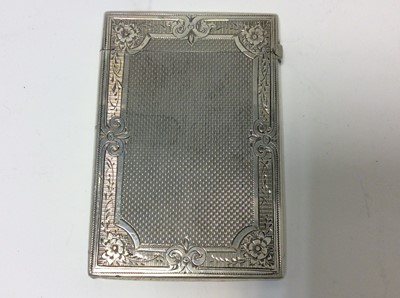 Lot 171 - Victorian silver card case of rectangular form with engine turned decoration and engraved foliate and scroll borders (Birmingham 1899), together with an Edwardian silver book mark in the form of a...
