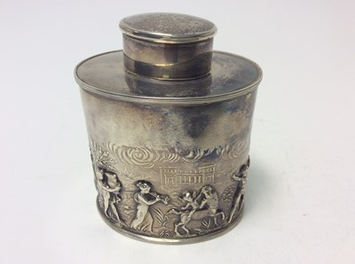 Lot 180 - George V silver tea caddy of oval form with embossed decoration depicting Greek Gods in a classical landscape, with reeded borders and slip on cover, (Birmingham 1911), maker Alfred Marston, approx...