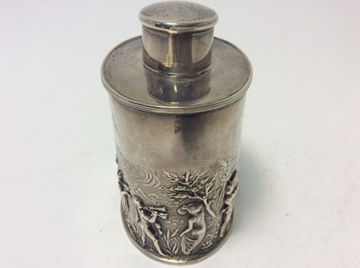 Lot 180 - George V silver tea caddy of oval form with embossed decoration depicting Greek Gods in a classical landscape, with reeded borders and slip on cover, (Birmingham 1911), maker Alfred Marston, approx...