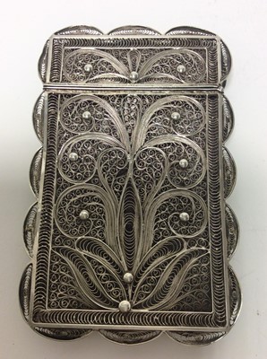 Lot 182 - 19th Century Continental white metal filigree card case, central cartouche with engraved initials, apparently unmarked, 10cm in overall length