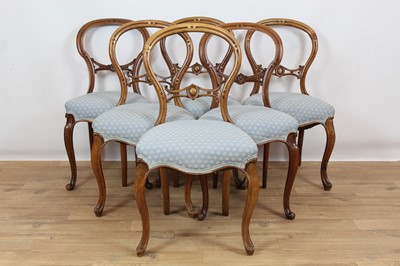 Lot 904 - Matched set of six Victorian cabriole leg chairs with blue upholstered seats