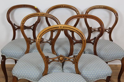 Lot 904 - Matched set of six Victorian cabriole leg chairs with blue upholstered seats