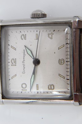Lot 356 - Art Deco gentlemen's Girard-Perregaux wristwatch with manual wind movement, the square dial with Arabic and baton hour markers and luminous steel hands, curved square glass in a tank-shaped stainle...