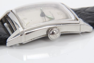 Lot 356 - Art Deco gentlemen's Girard-Perregaux wristwatch with manual wind movement, the square dial with Arabic and baton hour markers and luminous steel hands, curved square glass in a tank-shaped stainle...