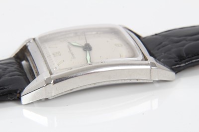 Lot 356 - Art Deco gentlemen's Girard-Perregaux wristwatch with manual wind movement, the square dial with Arabic and baton hour markers and luminous steel hands, curved square glass in a tank-shaped stainle...