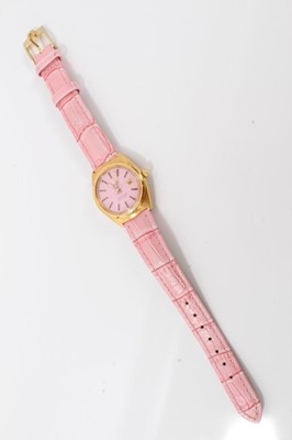 Lot 360 - Ladies Omega Seamaster Automatic wristwatch with pink dial with date aperture, gold and black baton hour markers and hands, in gold plated case on pink calfskin leather strap with Omega buckle, the...
