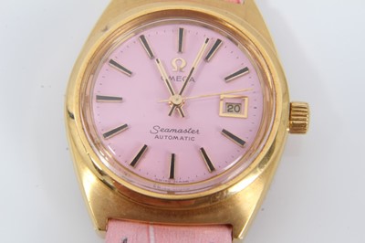 Lot 360 - Ladies Omega Seamaster Automatic wristwatch with pink dial with date aperture, gold and black baton hour markers and hands, in gold plated case on pink calfskin leather strap with Omega buckle, the...