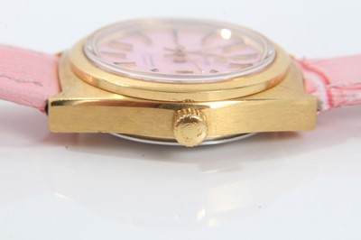 Lot 360 - Ladies Omega Seamaster Automatic wristwatch with pink dial with date aperture, gold and black baton hour markers and hands, in gold plated case on pink calfskin leather strap with Omega buckle, the...