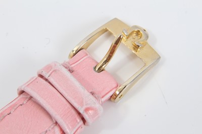Lot 360 - Ladies Omega Seamaster Automatic wristwatch with pink dial with date aperture, gold and black baton hour markers and hands, in gold plated case on pink calfskin leather strap with Omega buckle, the...